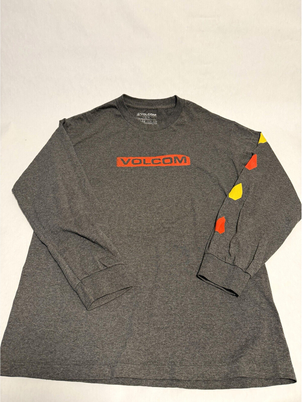 Volcom Long Sleeve T Shirt Mens Large Gray Orange Yellow Stone Logo Skate Tee